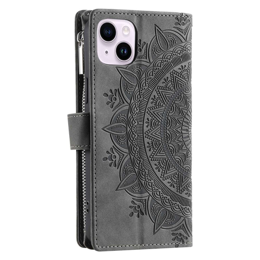 iPhone 14 Brieftasche Hülle Mandala grau