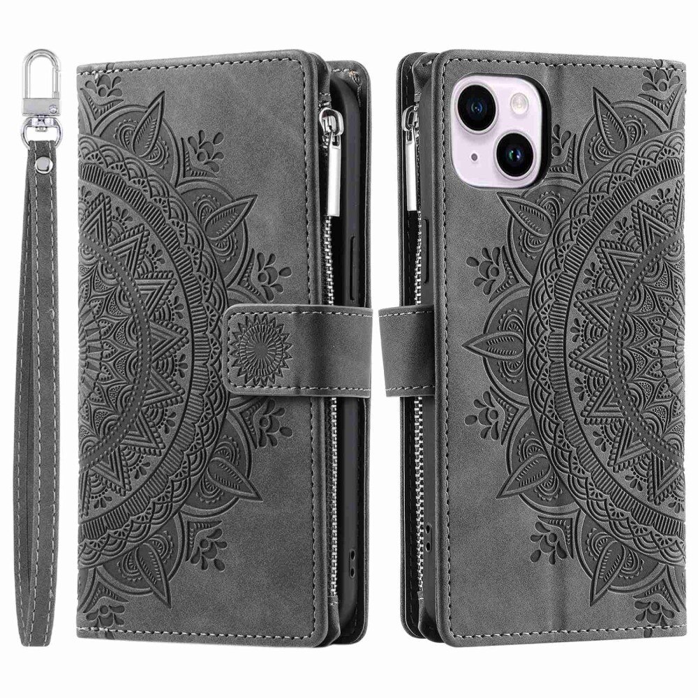 iPhone 14 Brieftasche Hülle Mandala grau