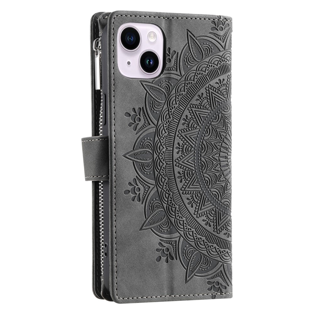 iPhone 13 Mini Brieftasche Hülle Mandala grau