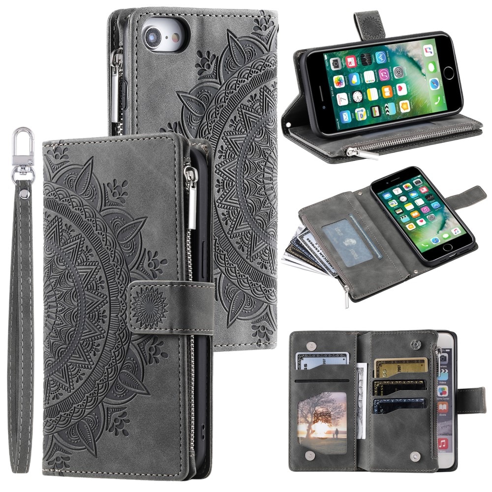 iPhone 7/8/SE Brieftasche Hülle Mandala grau