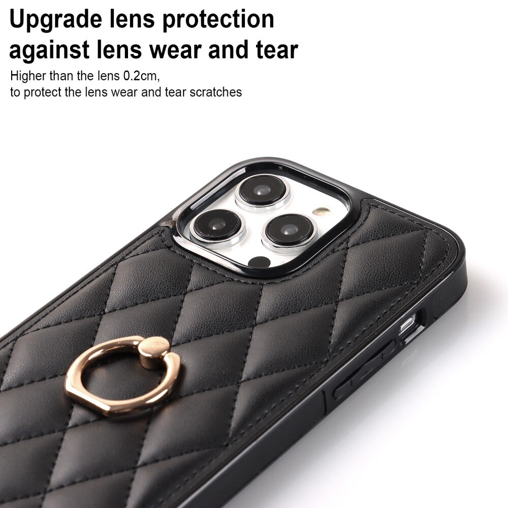 iPhone 14 Pro Gesteppte Hülle Finger RIng, schwarz