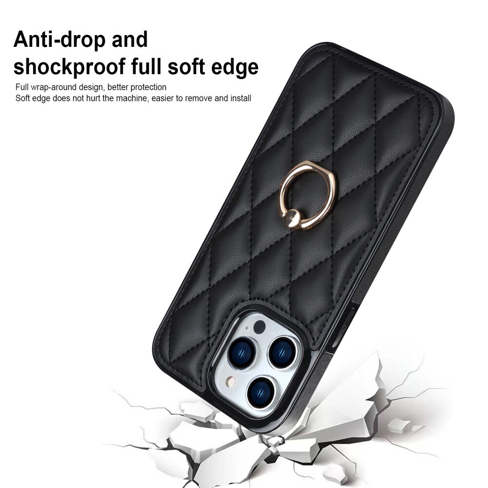 iPhone 14 Pro Gesteppte Hülle Finger RIng, schwarz