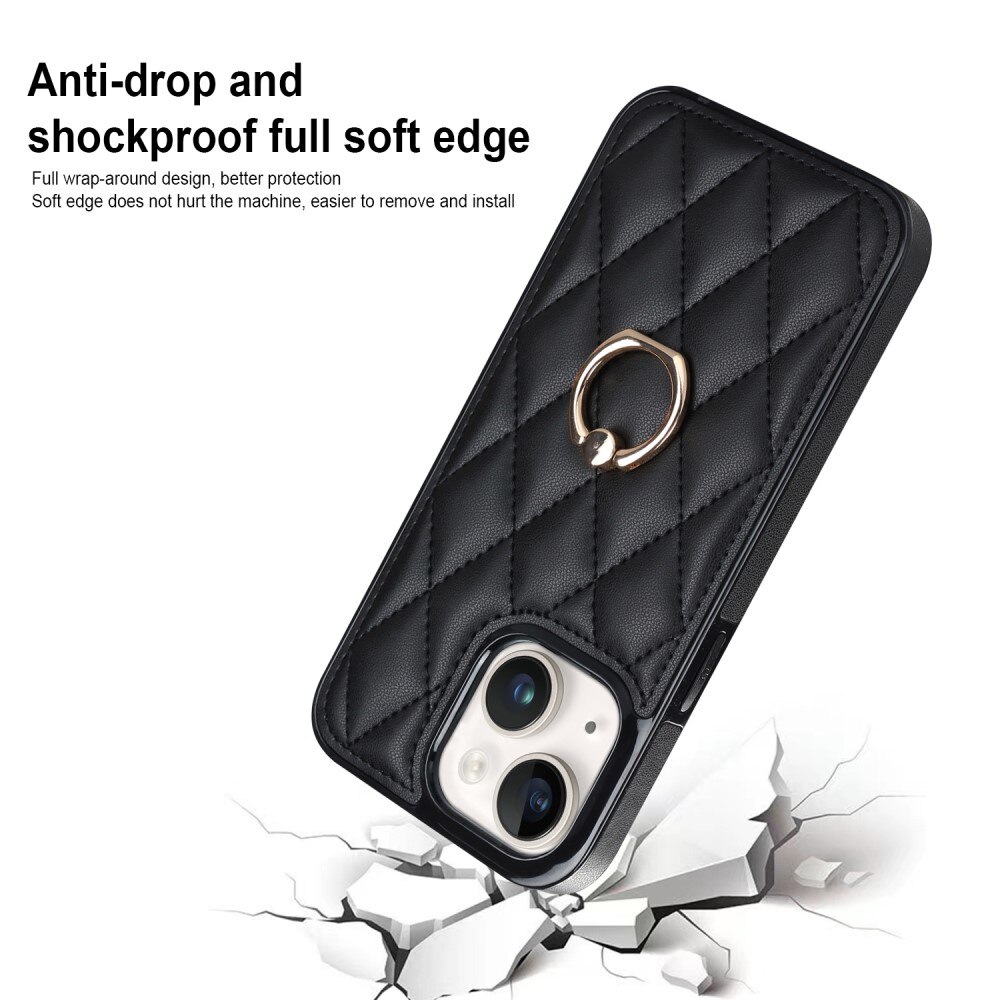 iPhone 14 Gesteppte Hülle Finger Ring, schwarz