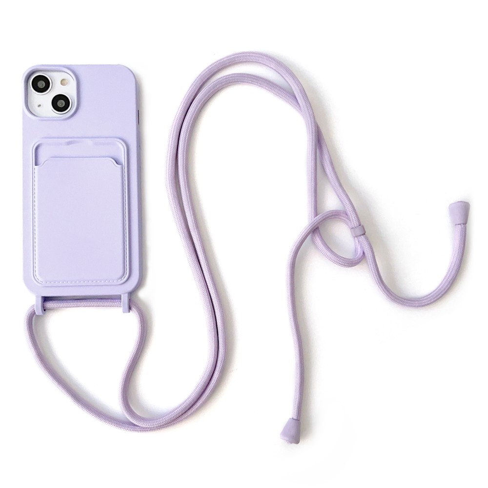 iPhone 14 Silikonhülle mit Kartenhalter zum Umhängen lila