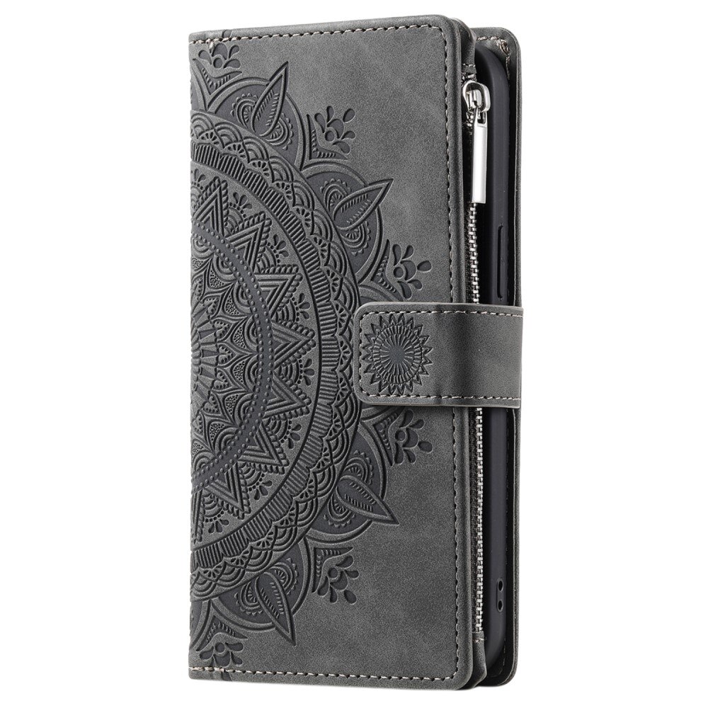iPhone 15 Brieftasche Hülle Mandala, grau