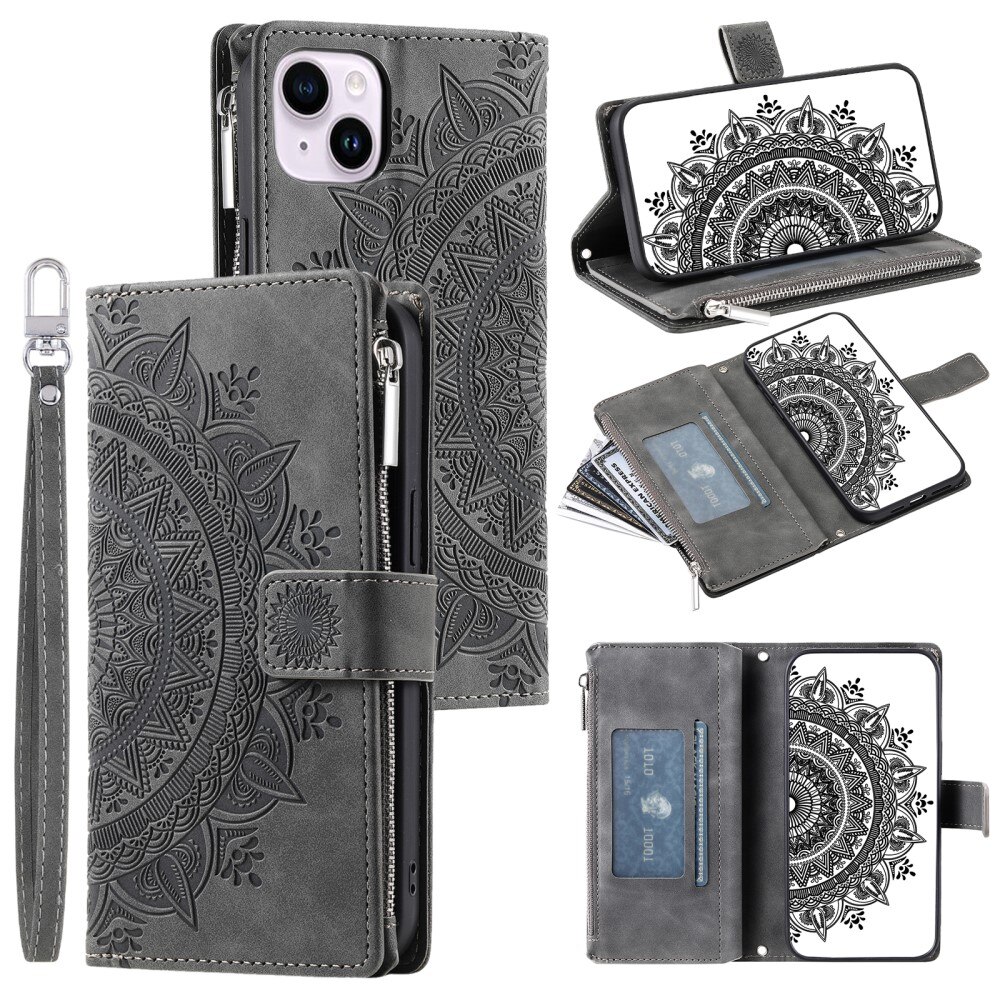 iPhone 15 Brieftasche Hülle Mandala, grau
