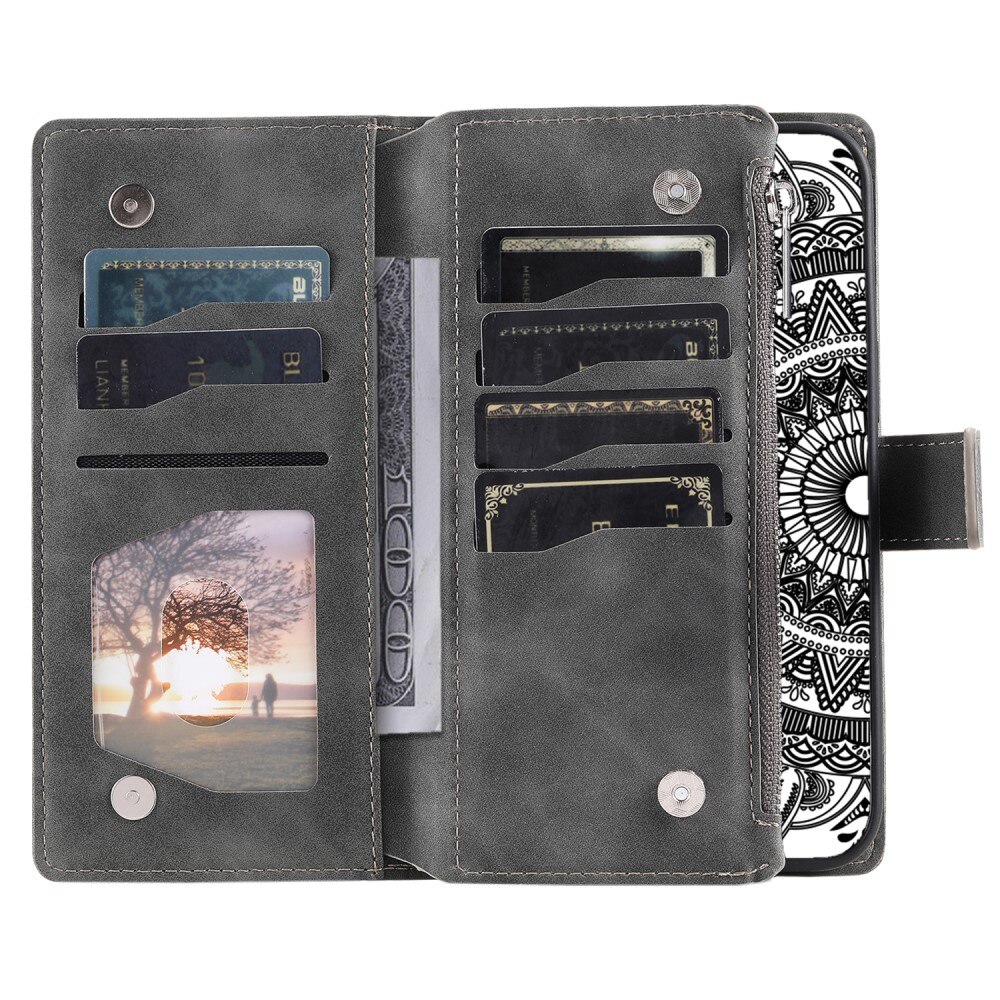 iPhone 15 Brieftasche Hülle Mandala, grau