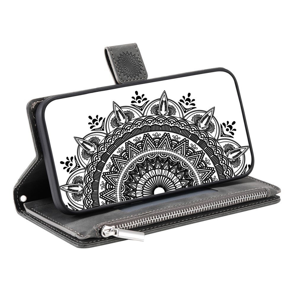 iPhone 15 Brieftasche Hülle Mandala, grau