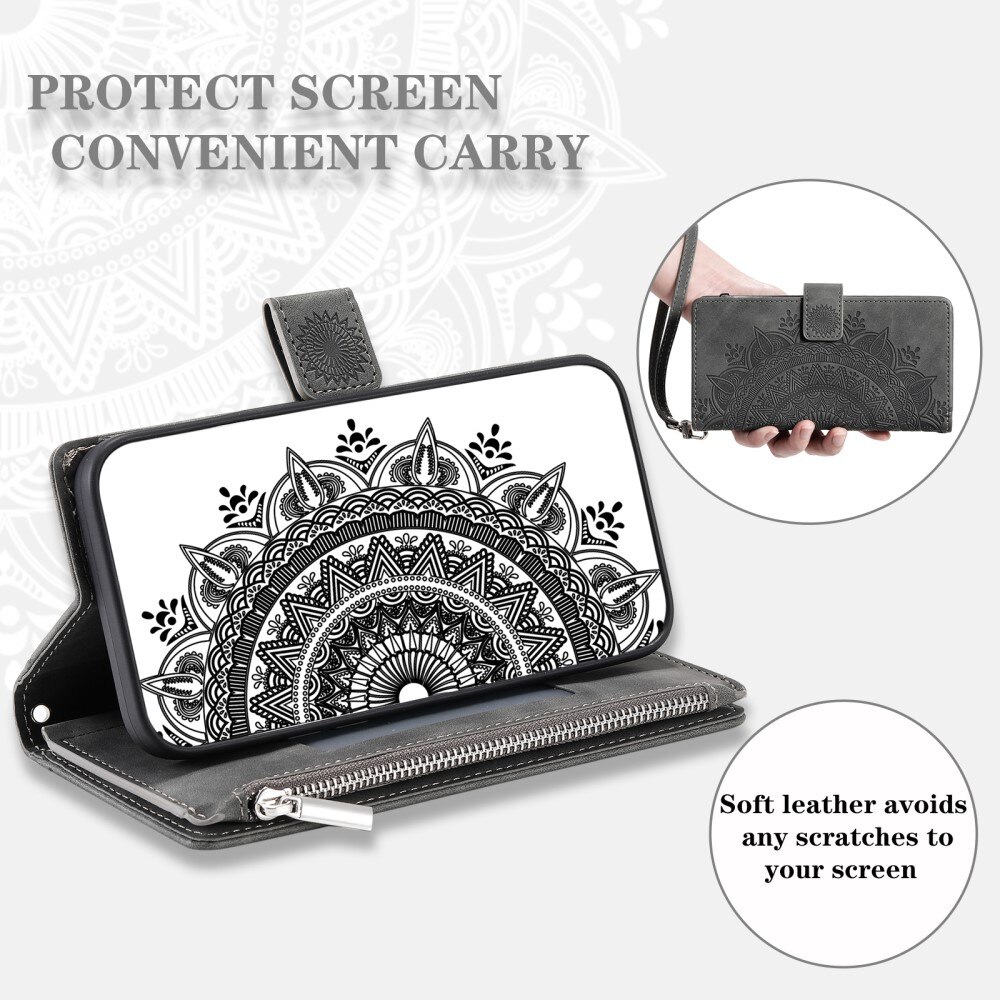 iPhone 15 Brieftasche Hülle Mandala, grau