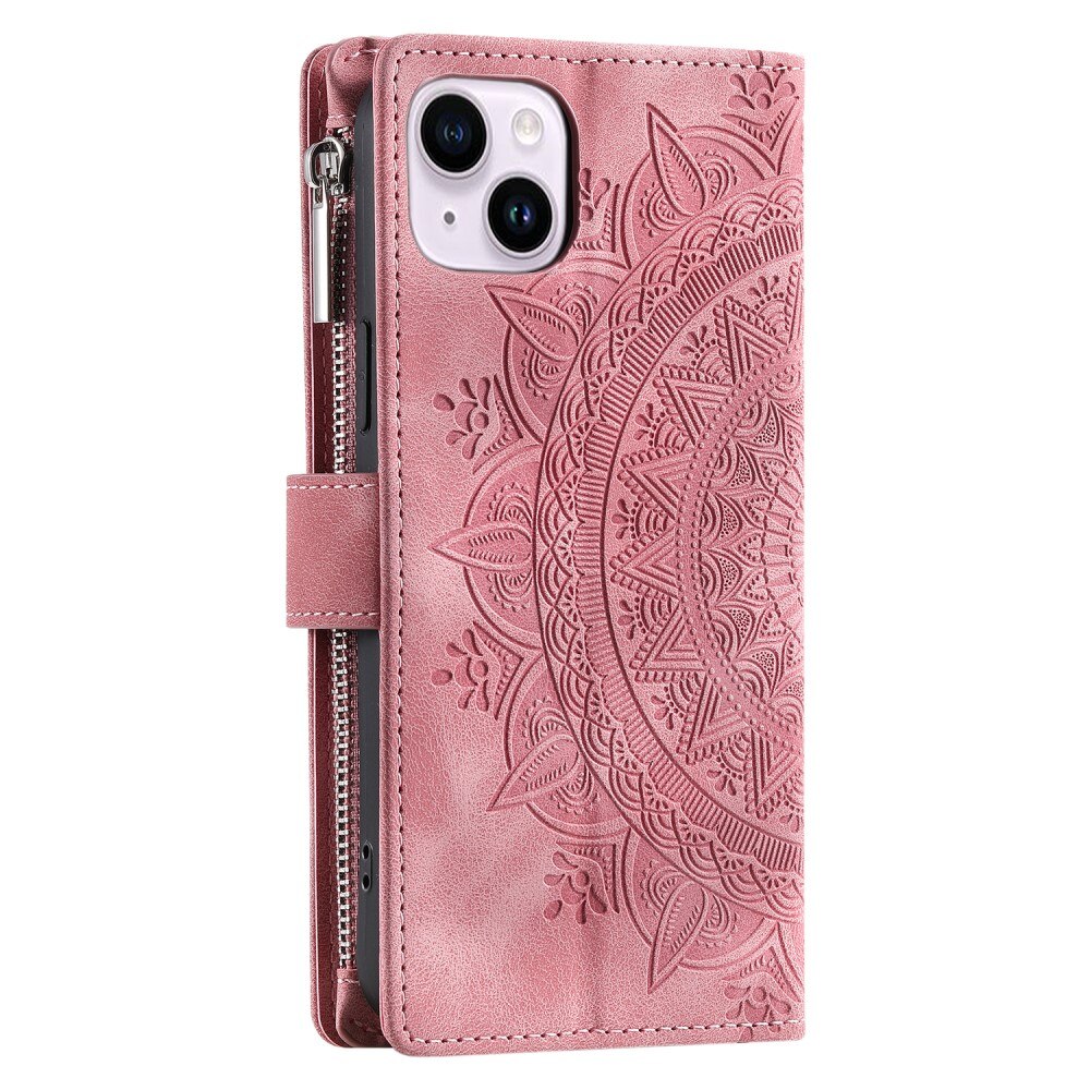 iPhone 15 Brieftasche Hülle Mandala, rosa