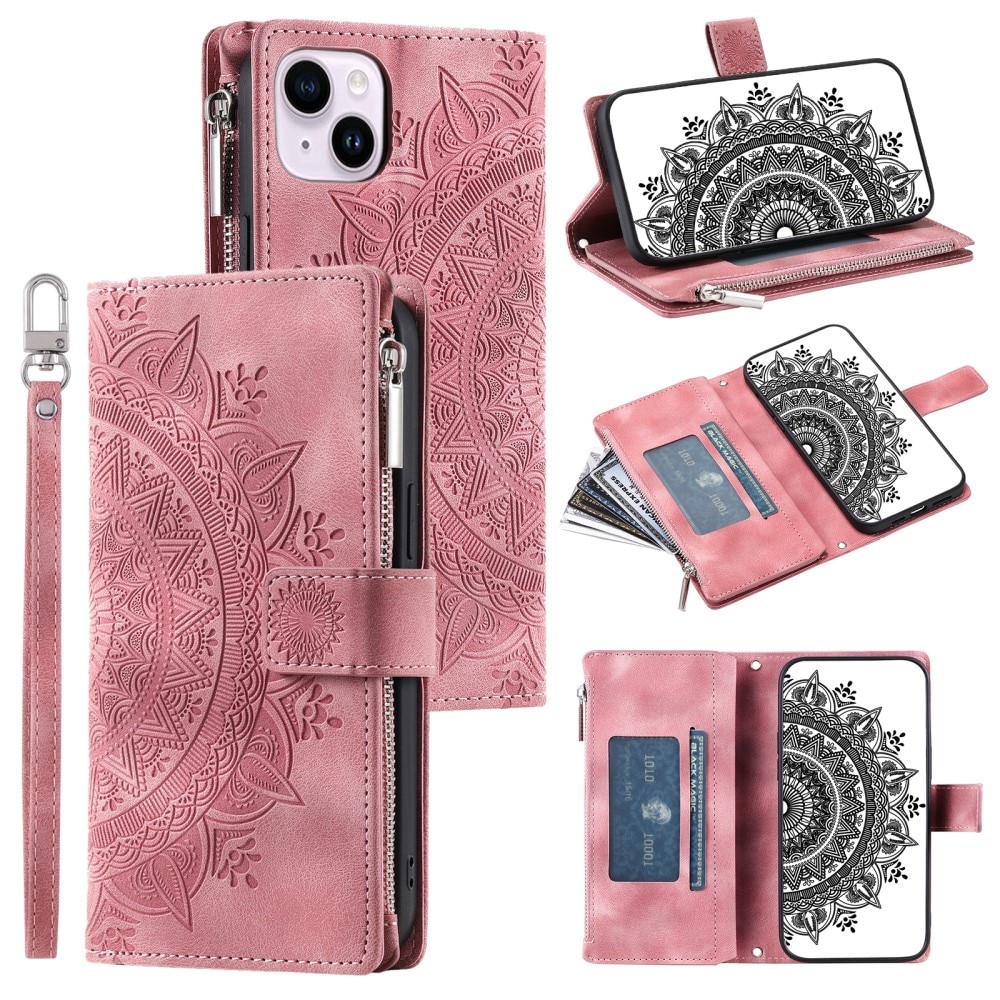 iPhone 15 Brieftasche Hülle Mandala, rosa