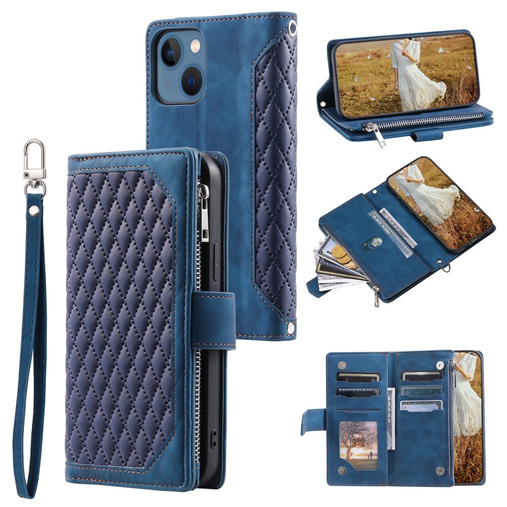 iPhone 15 Plus Brieftasche Hülle Quilted Blau