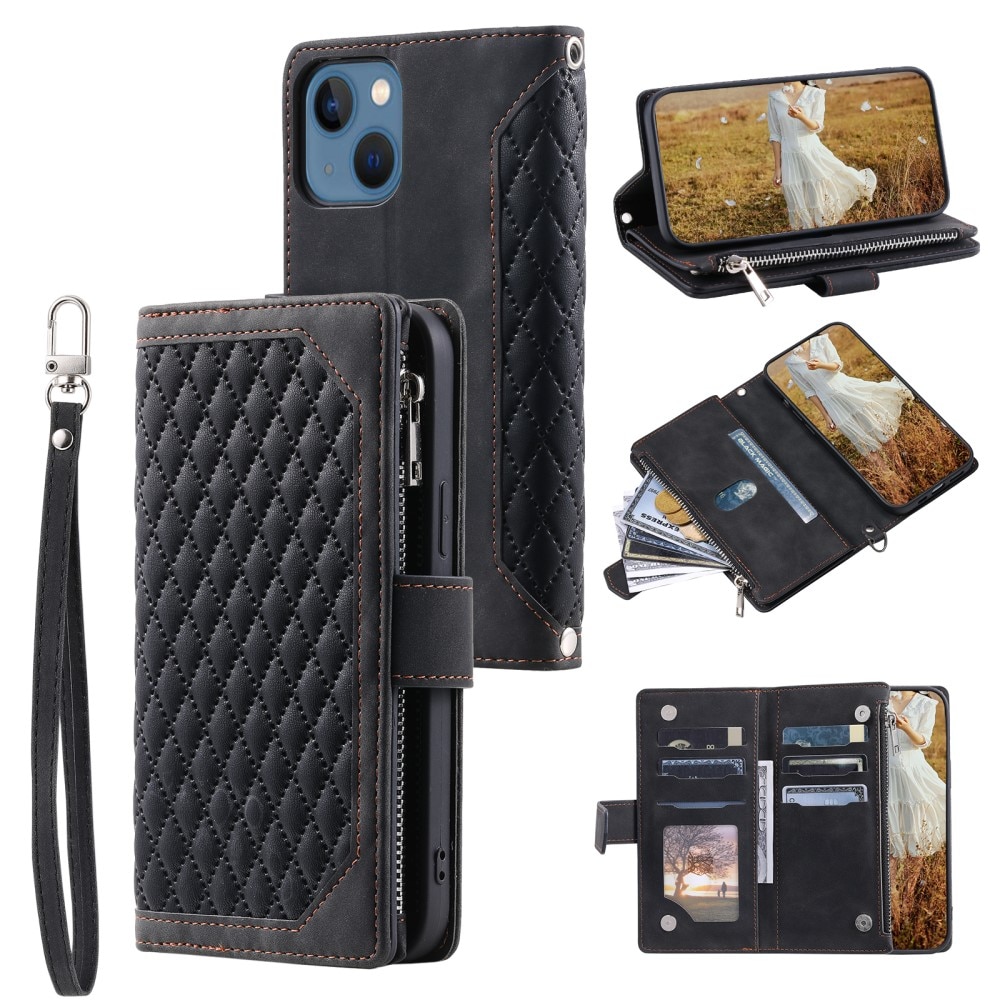 iPhone 15 Plus Brieftasche Hülle Quilted Schwarz