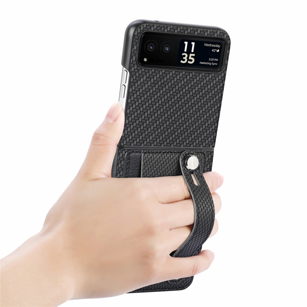 Motorola Razr 40 Lederhülle mit Kartenhalter zum Finger Strap schwarz