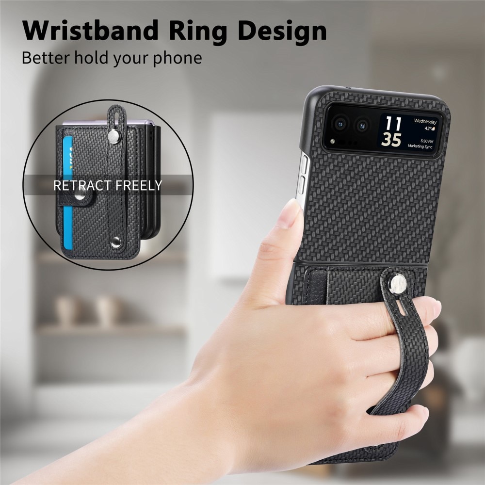 Motorola Razr 40 Lederhülle mit Kartenhalter zum Finger Strap schwarz