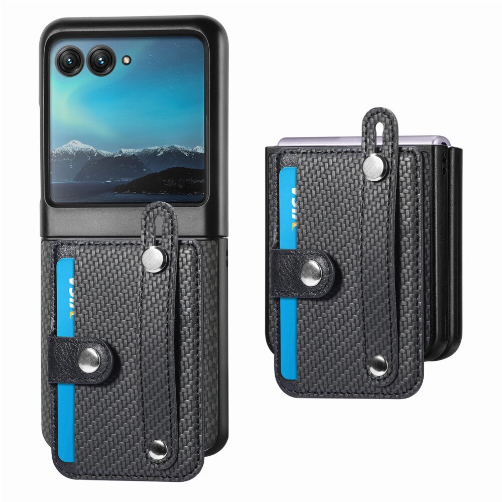 Motorola Razr 40 Ultra Lederhülle mit Kartenhalter zum Finger Strap schwarz