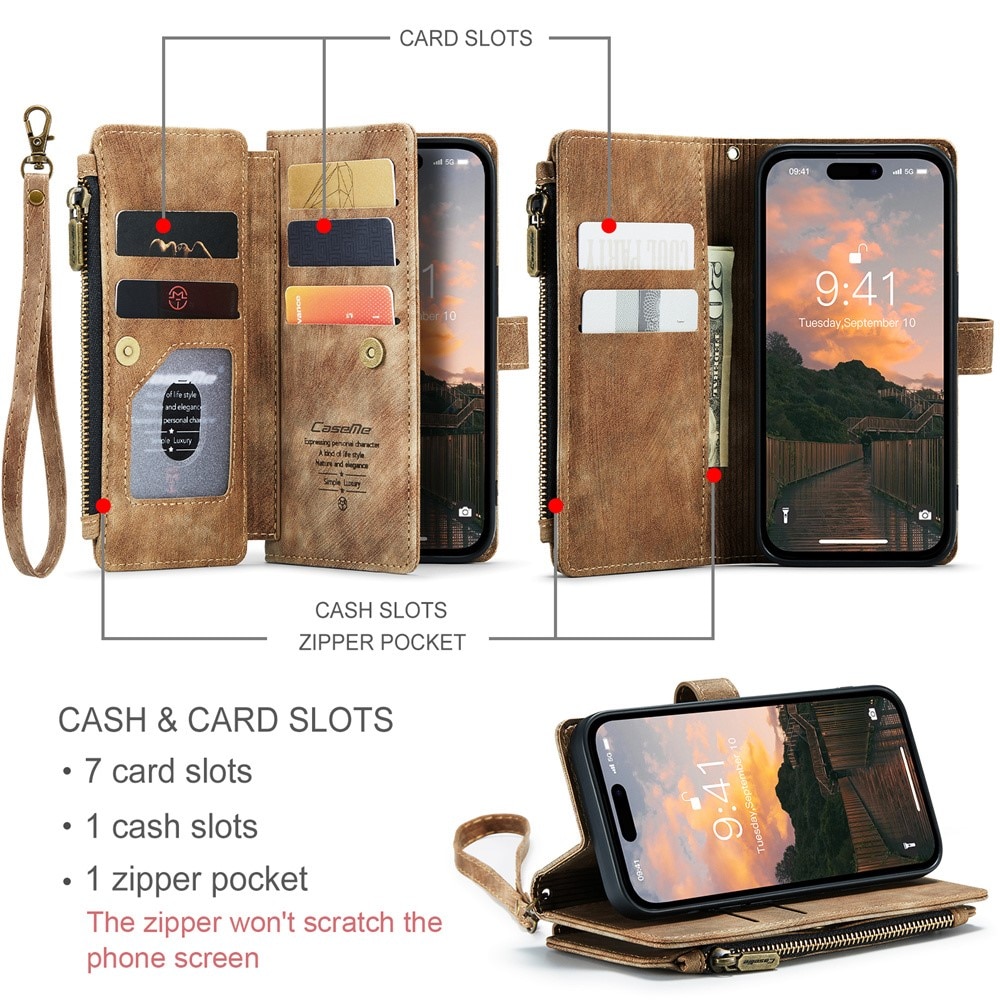 Zipper Portemonnaie-Hülle iPhone 15 Pro braun