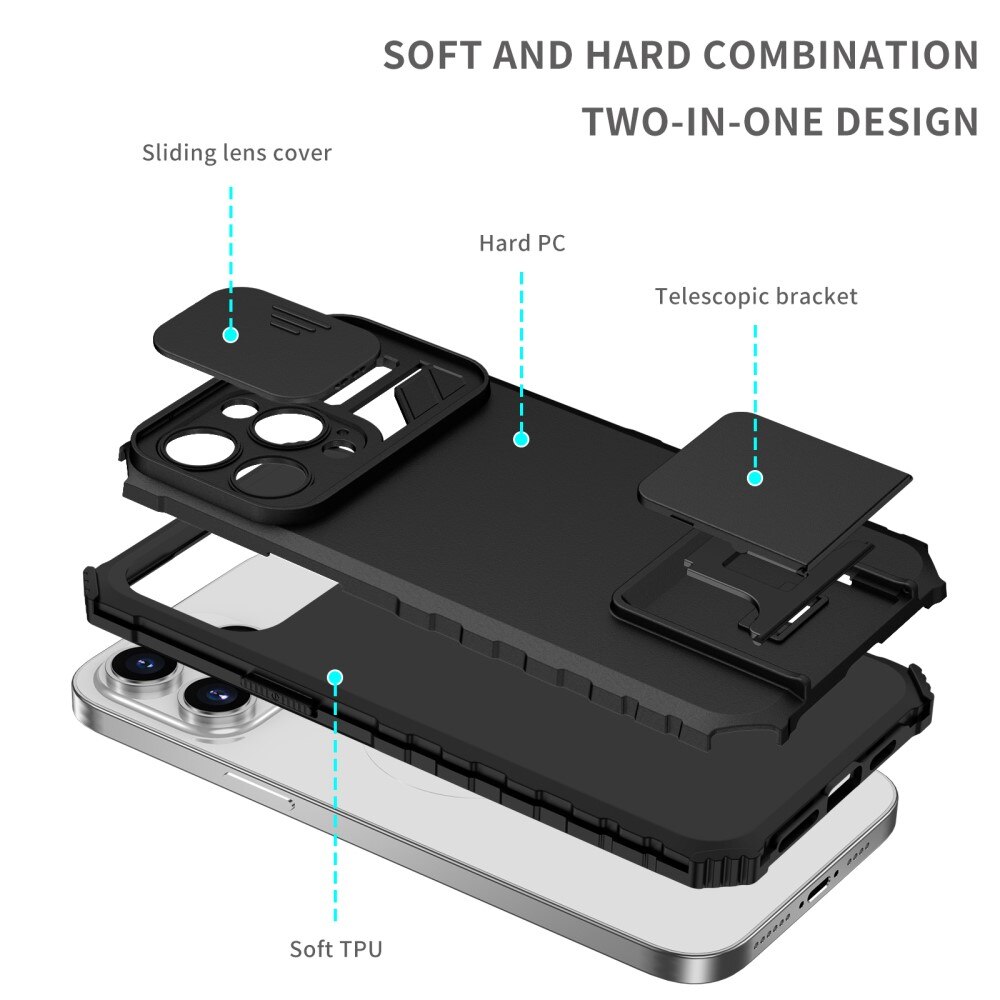 iPhone 15 Pro Max Kickstand Handyhülle mit Kameraabdeckung Schwarz