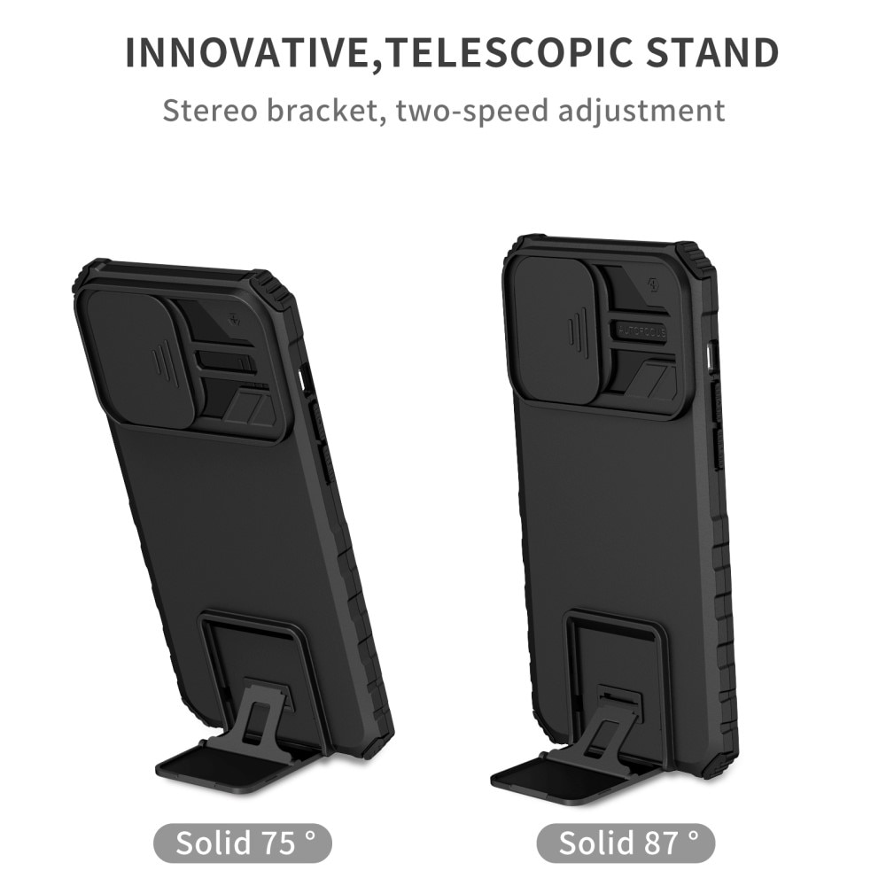 iPhone 15 Pro Max Kickstand Handyhülle mit Kameraabdeckung Schwarz