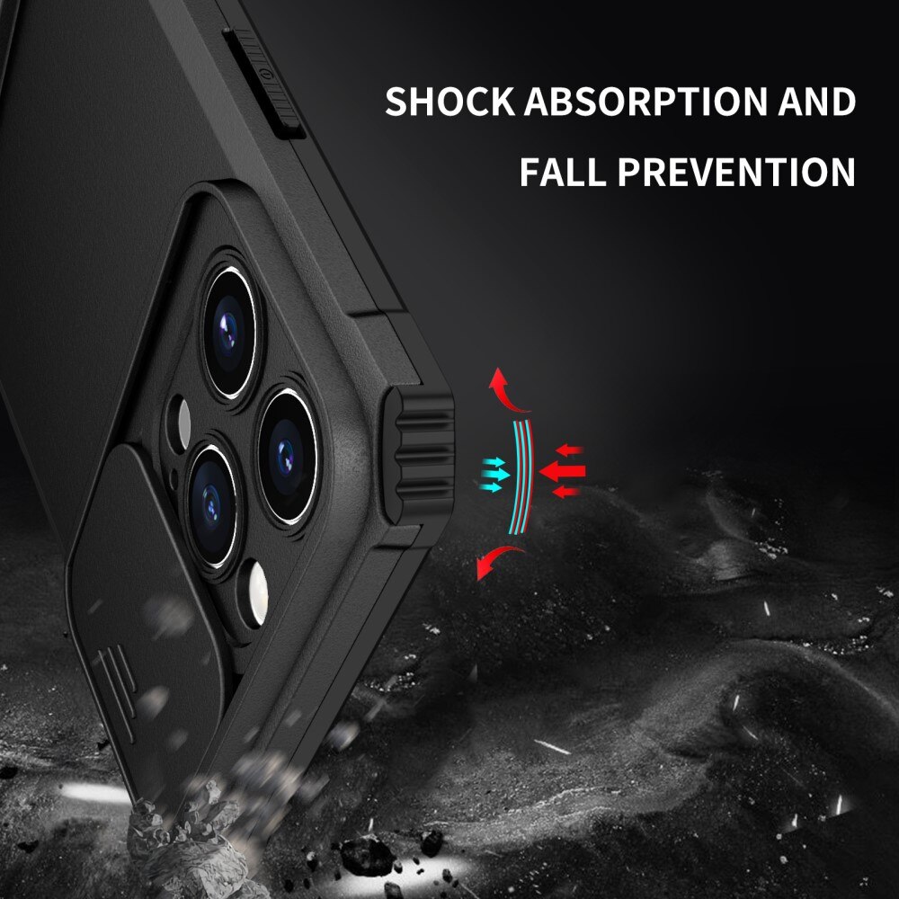 iPhone 15 Pro Max Kickstand Handyhülle mit Kameraabdeckung Schwarz