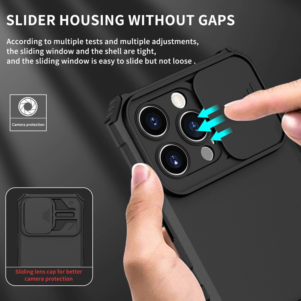 iPhone 15 Pro Max Kickstand Handyhülle mit Kameraabdeckung Schwarz