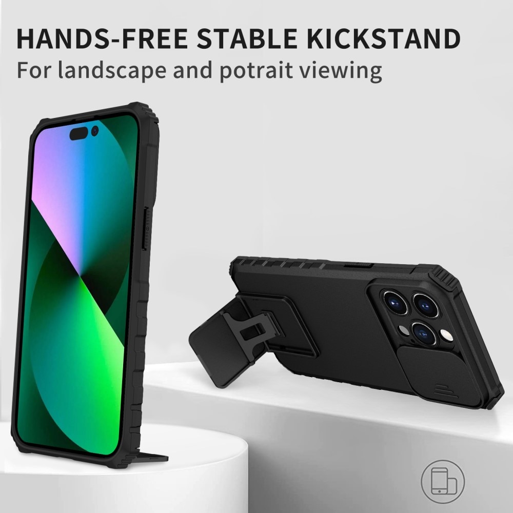 iPhone 15 Pro Max Kickstand Handyhülle mit Kameraabdeckung Schwarz
