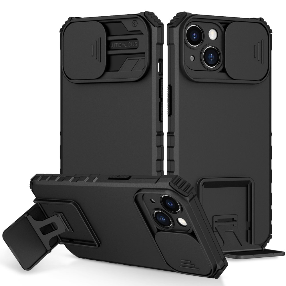 iPhone 15 Kickstand Handyhülle mit Kameraabdeckung schwarz
