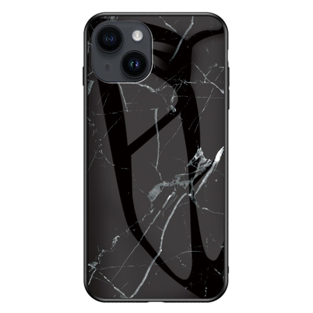 iPhone 15 Hülle aus gehärtetem Glas schwarzer Marmor