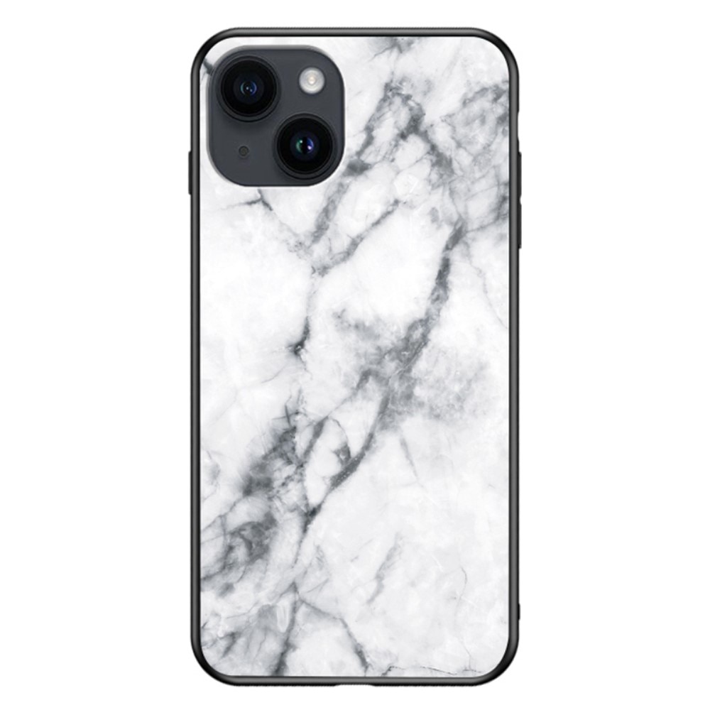 iPhone 15 Plus Hülle aus gehärtetem Glas weisser Marmor
