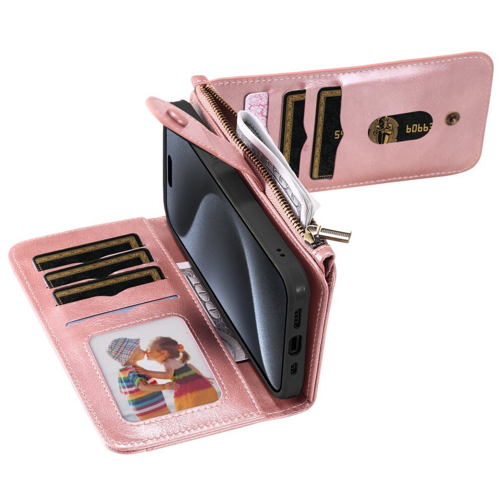 iPhone 15 Pro Magnet Leather Multi-Wallet rosa