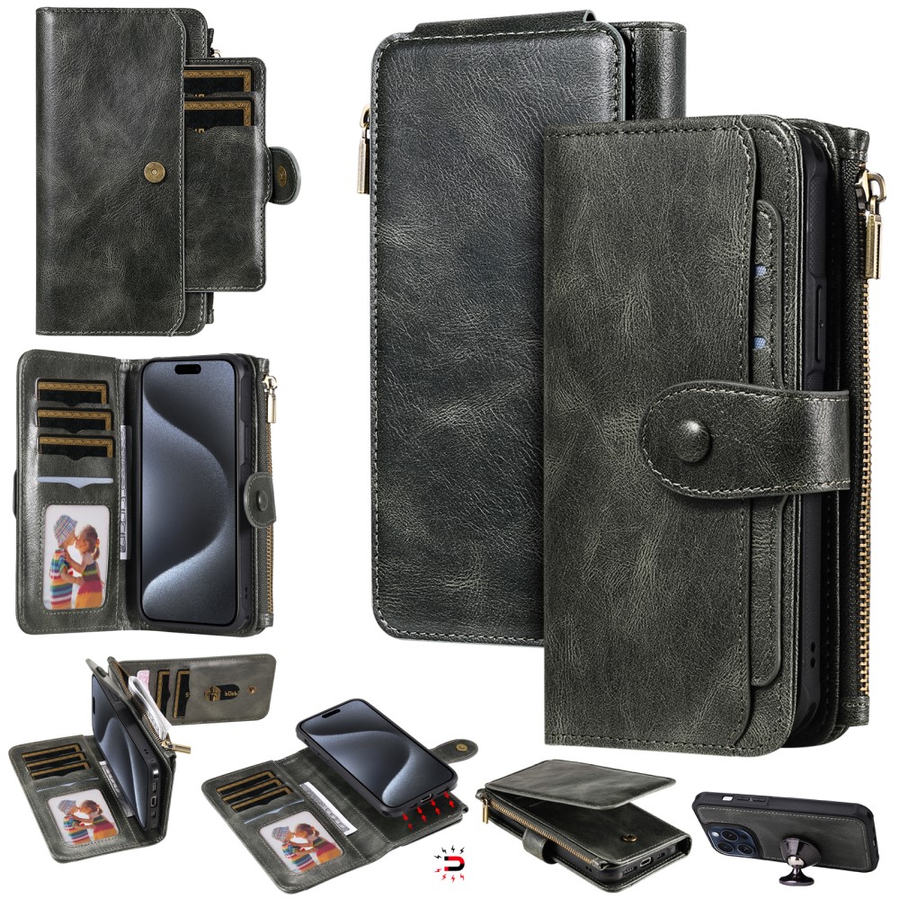 iPhone 15 Pro Magnet Leather Multi-Wallet grau