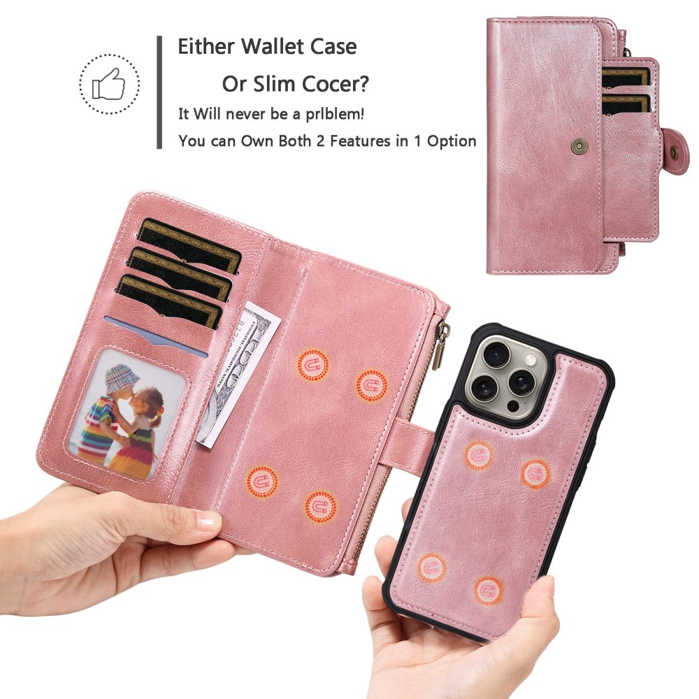 iPhone 15 Pro Max Magnet Leather Multi-Wallet rosa