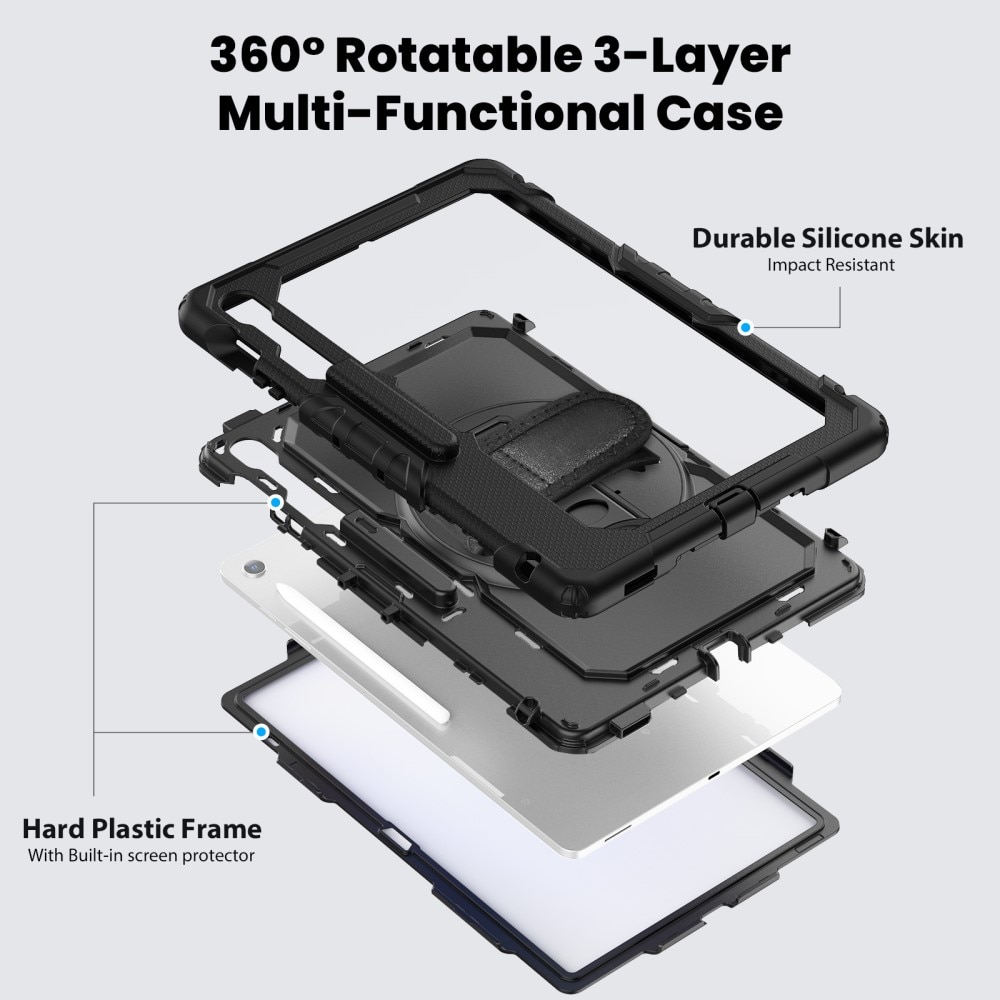 Samsung Galaxy Tab S10 FE Plus Stoßfeste Full Protection Hybrid-Hülle mit Schultergurt schwarz
