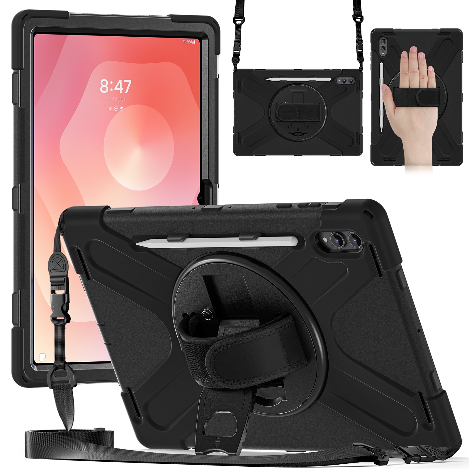 Samsung Galaxy Tab S11 Ultra Stoßfeste Hybrid-Hülle mit Schultergurt schwarz