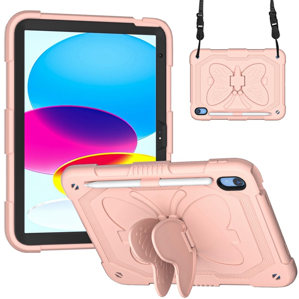 iPad 10.9 10th Gen (2022) Schmetterling Hybrid-Hülle mit Schultergurt rosa