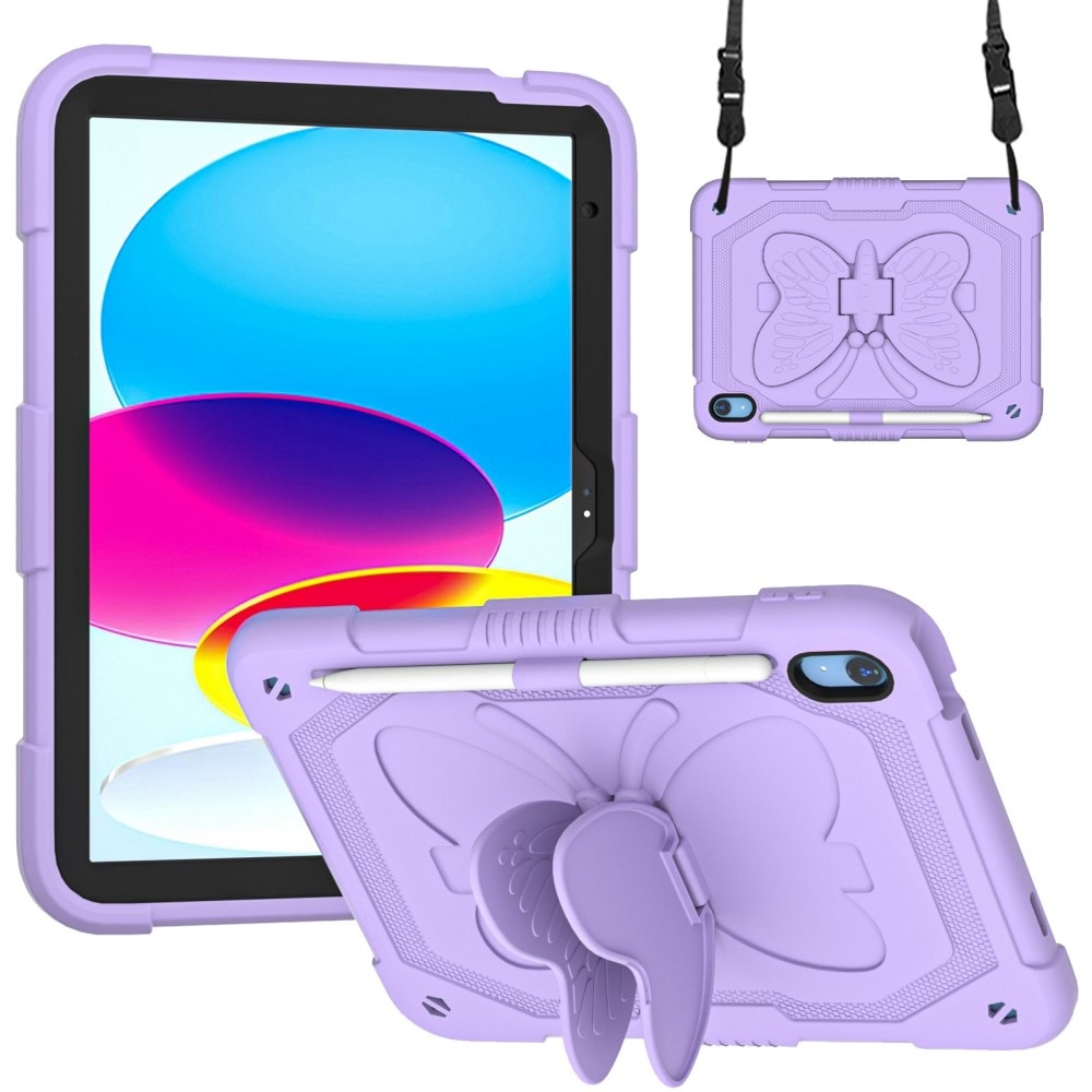 iPad 10.9 2022 (10th gen) Schmetterling Hybrid-Hülle mit Schultergurt lila