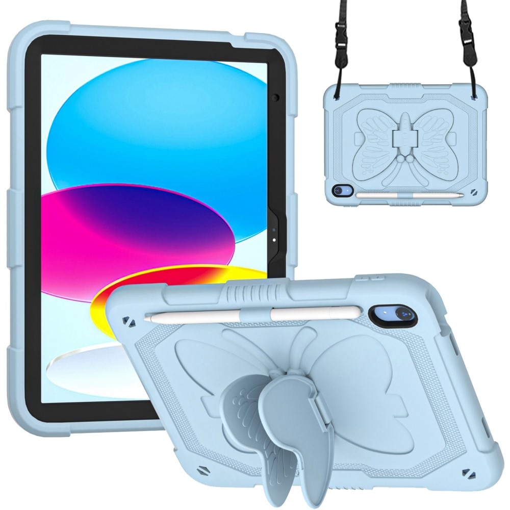 iPad 10.9 2022 (10th gen) Schmetterling Hybrid-Hülle mit Schultergurt blau