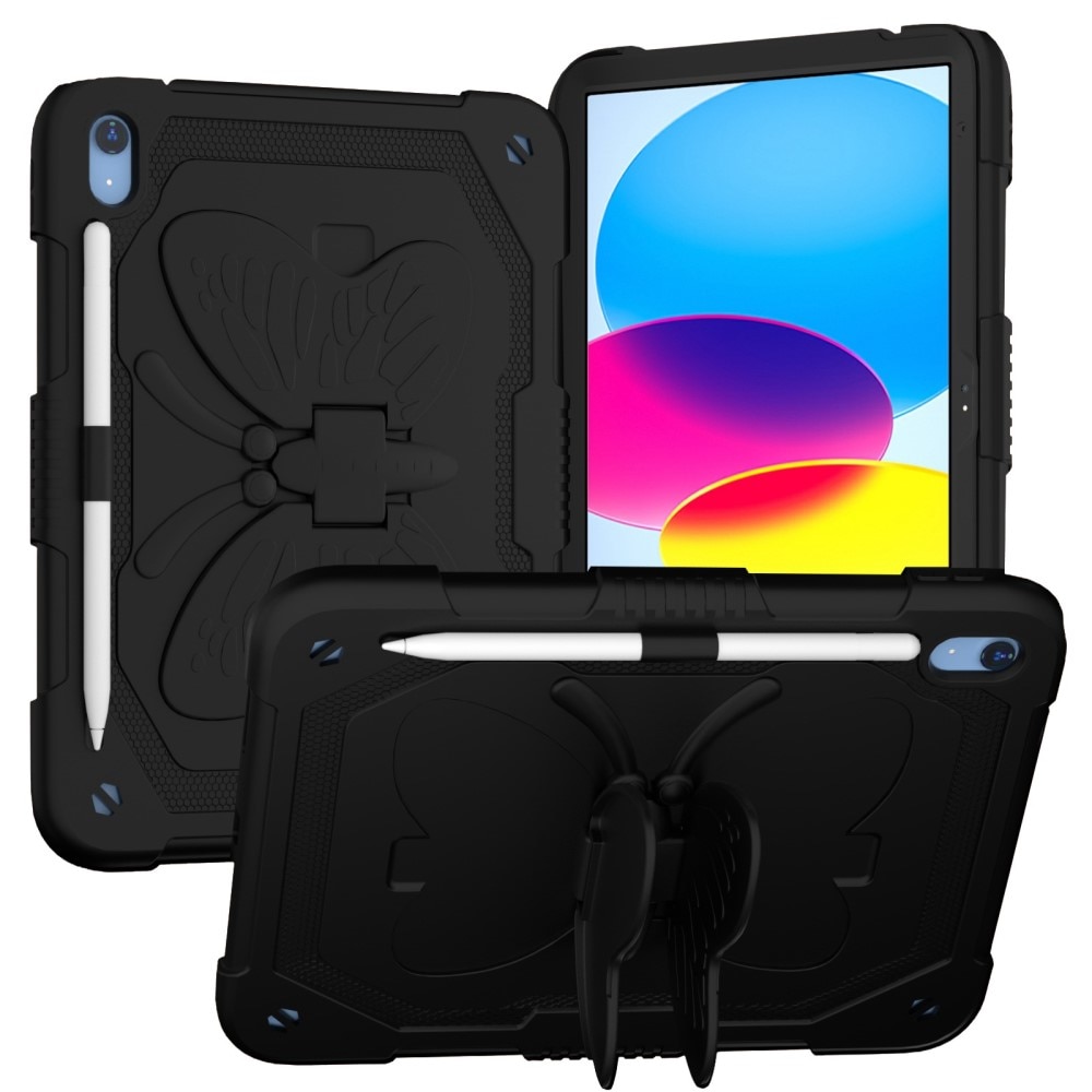 iPad 10.9 10th Gen (2022) Schmetterling Hybrid-Hülle mit Schultergurt schwarz