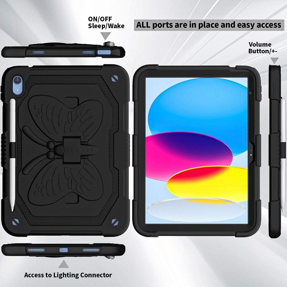 iPad 10.9 10th Gen (2022) Schmetterling Hybrid-Hülle mit Schultergurt schwarz