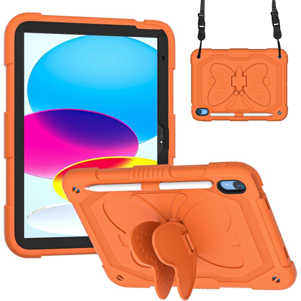iPad 10.9 2022 (10th gen) Schmetterling Hybrid-Hülle mit Schultergurt orange