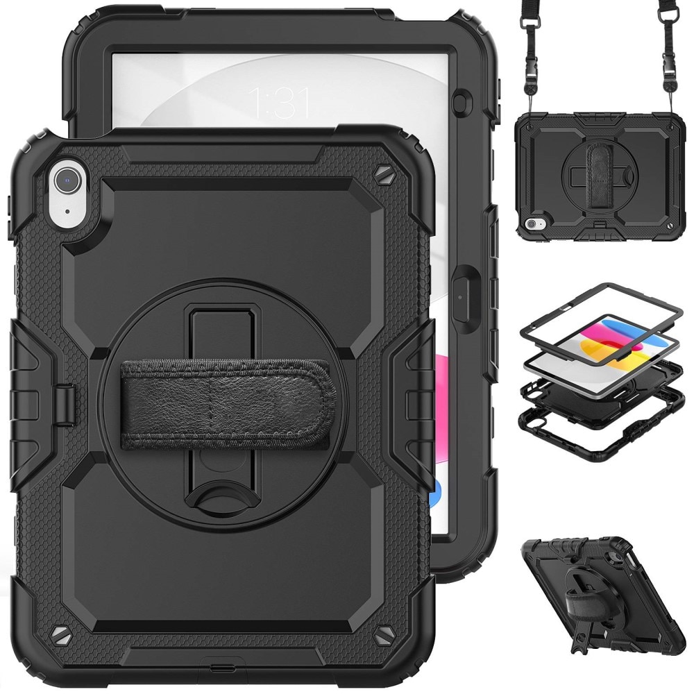 iPad 10.9 10th Gen (2022) Stoßfeste Full Protection Hybrid-Hülle mit Schultergurt schwarz