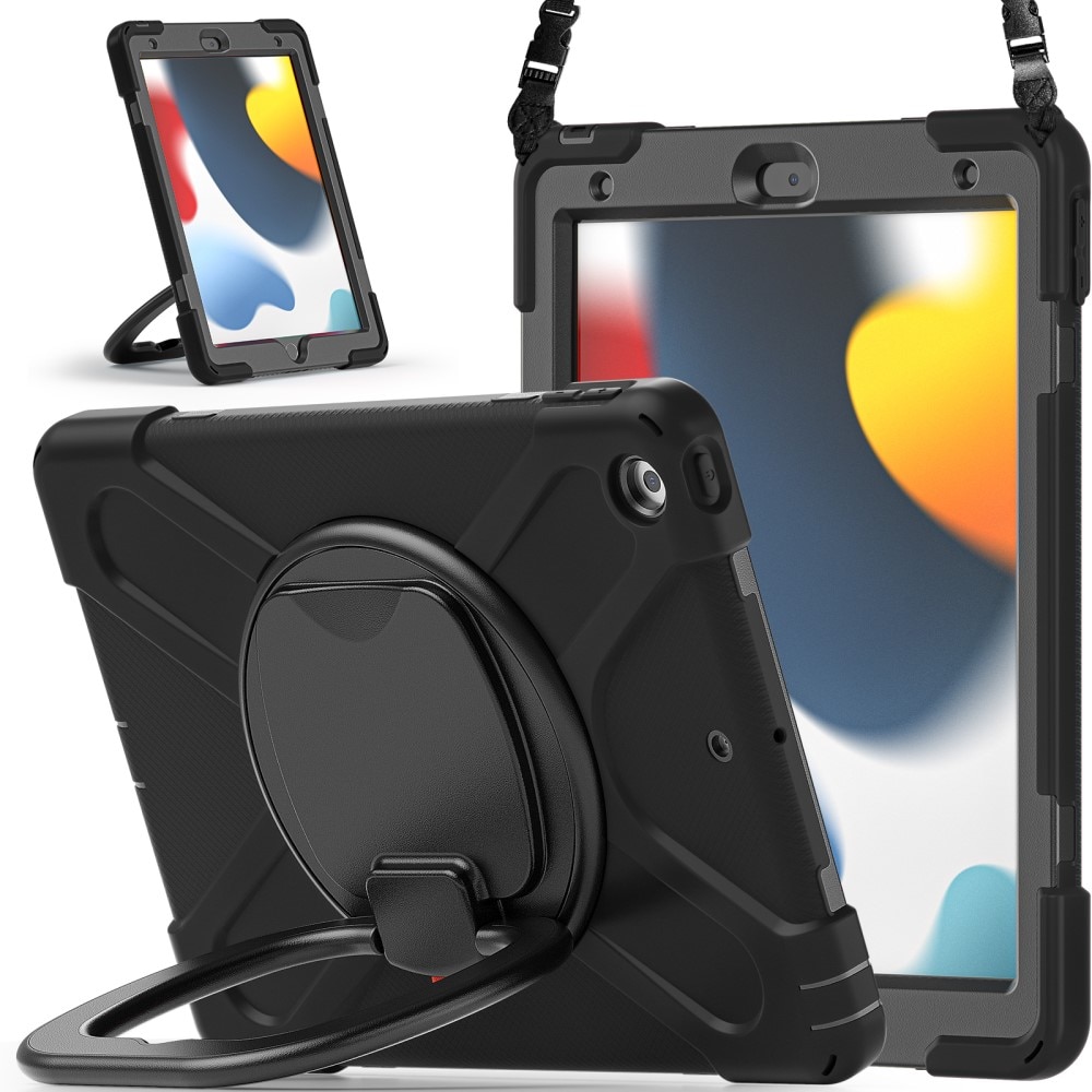 iPad 10.2 9th Gen (2021) Hybridhülle mit Ständer und Schultergurt schwarz