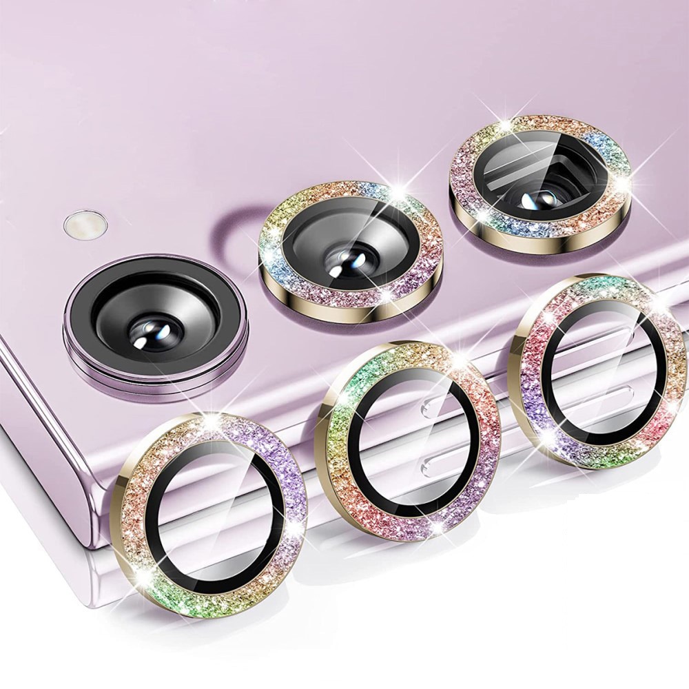 Glitzer Panzerglas für Kamera Aluminium Samsung Galaxy S23/S23 Plus Regenboge