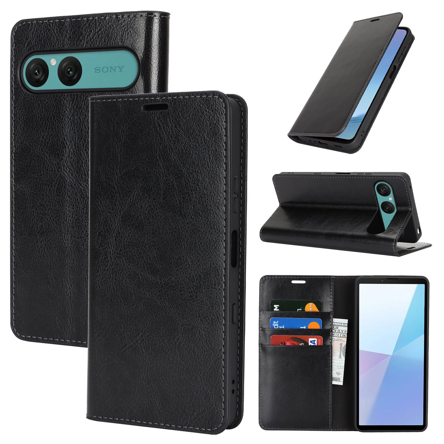 Sony Xperia 10 VII Handytasche aus Echtem Leder Schwarz