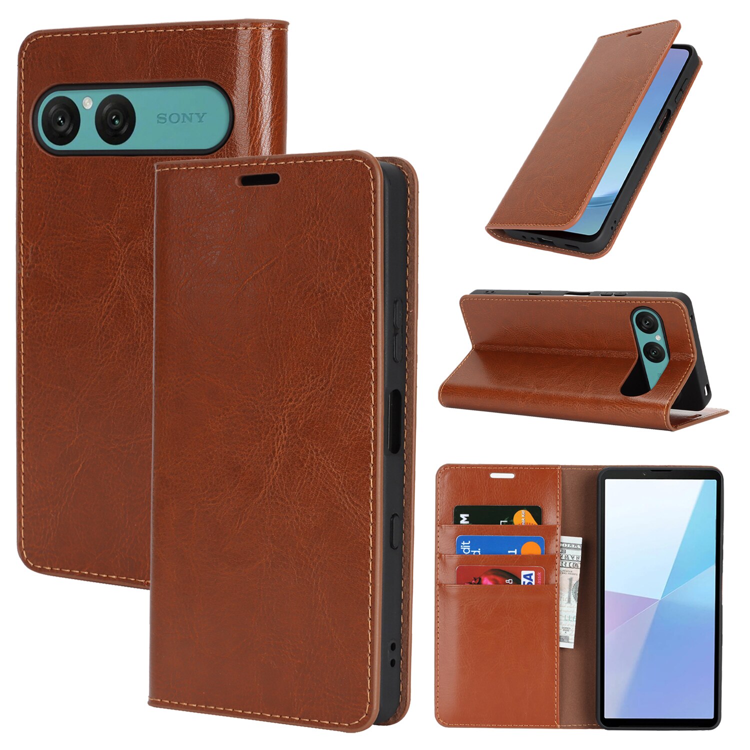 Sony Xperia 10 VII Handytasche aus Echtem Leder Braun