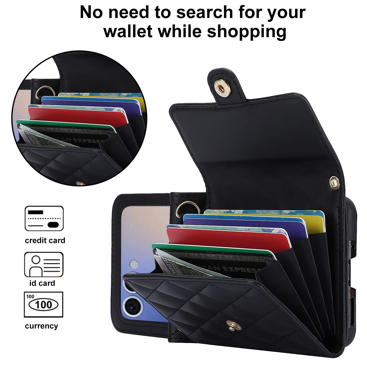 Samsung Galaxy Z Flip 7 RFID-geschützte Brieftasche Hülle Quilted Schwarz