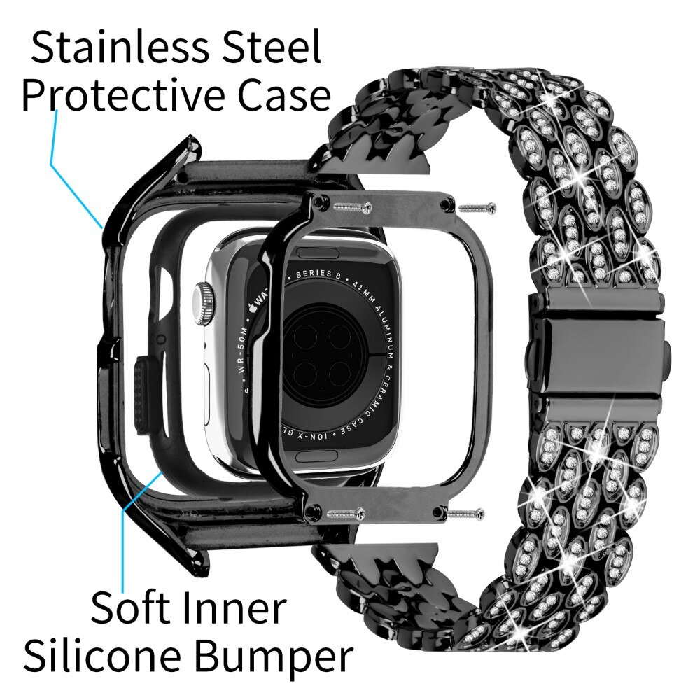 Apple Watch 41mm Series 8 Hülle + Metalarmband Rhinestone, schwarz