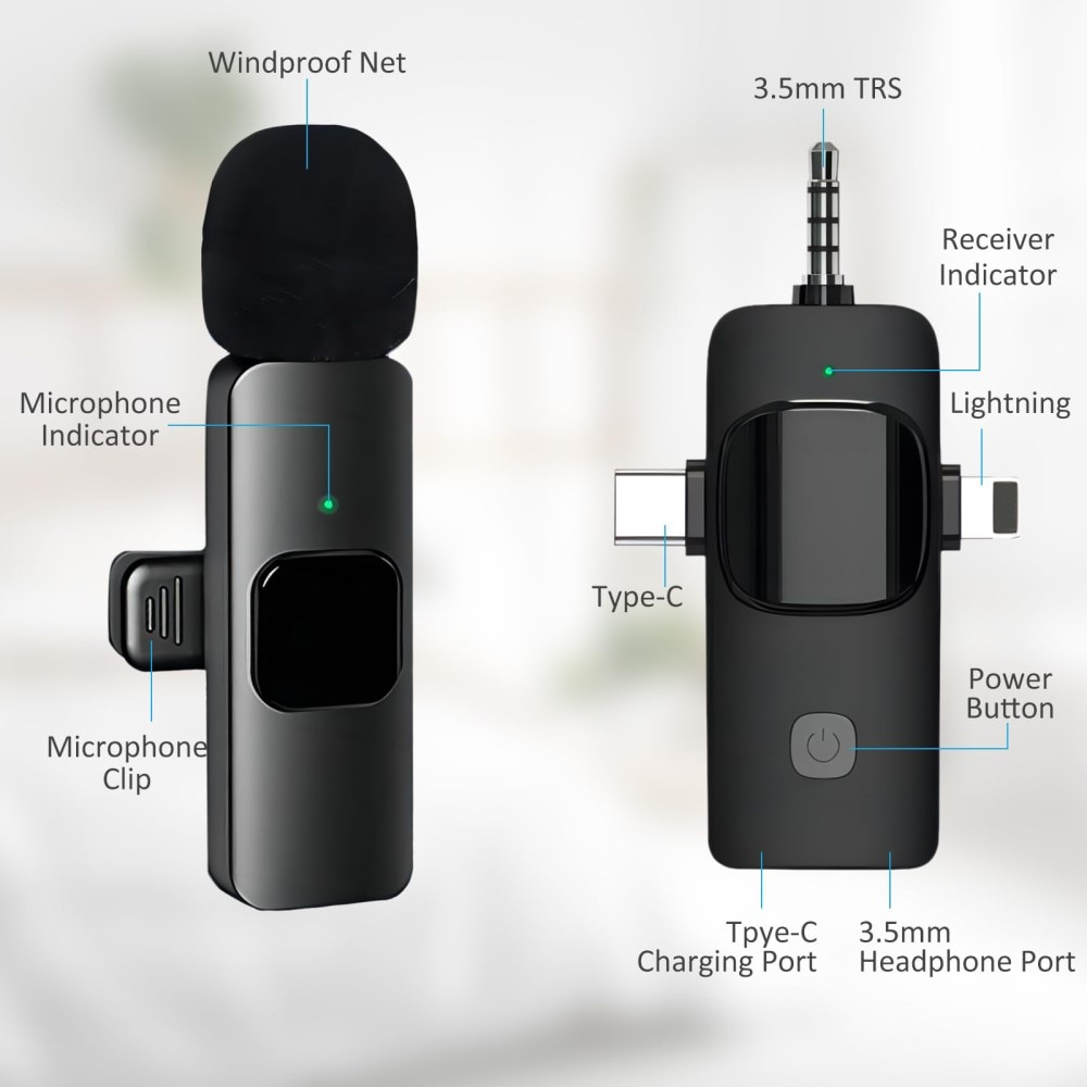 2 Kabellose Mikrofone mit USB-C / Lightning -Empfänger, schwarz