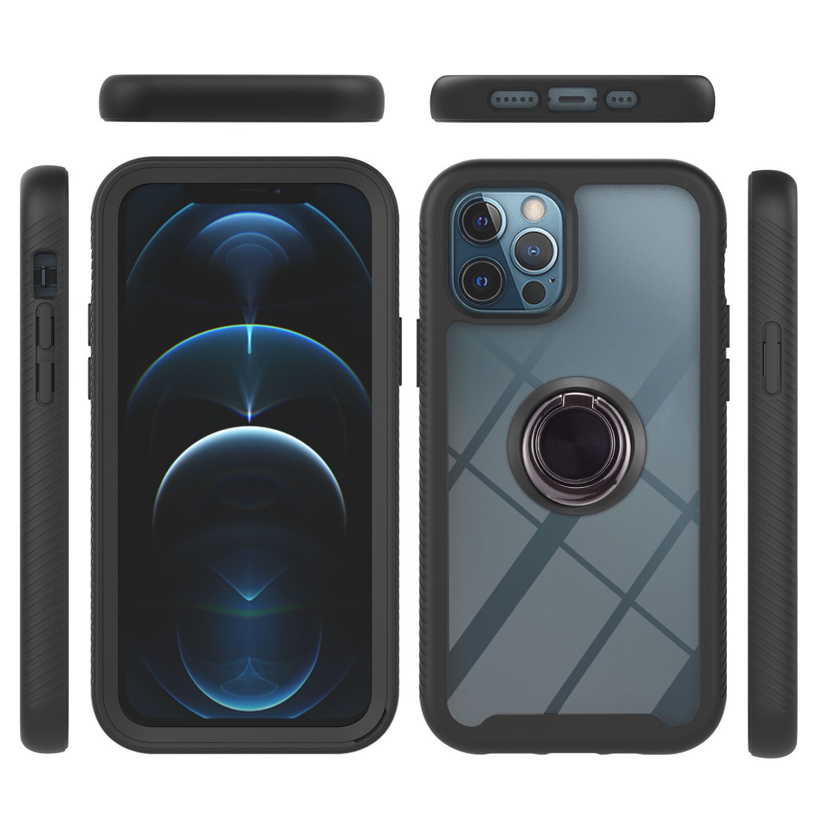 iPhone 12/12 Pro Full Cover Hülle Ringhalter schwarz