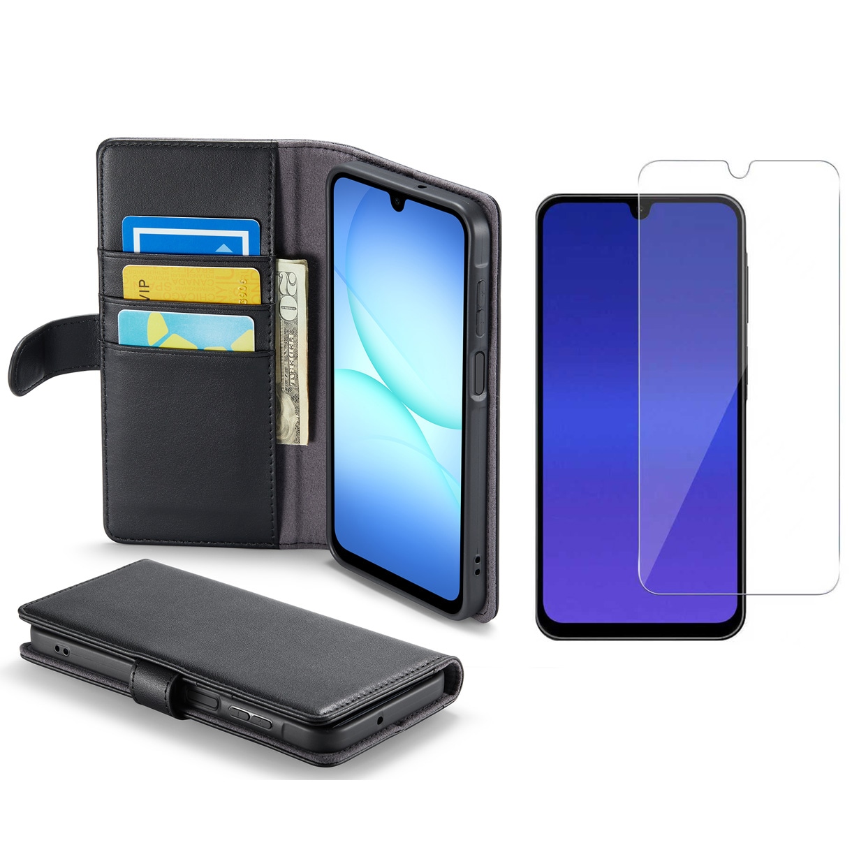 Samsung Galaxy A17 Kit Echtlederhülle und Displayschutz aus Glas Schwarz